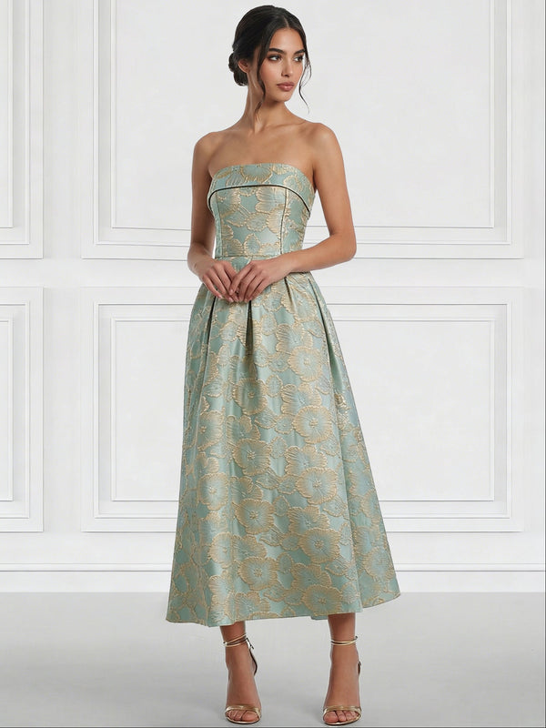 A-Line/Princess Elegant Cocktail Dress Strapless Tea-Length Floral Jacquard Dress Wedding Guest