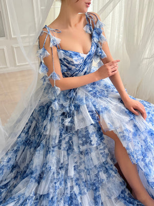 A-Line/Princess Floral Prom Dresses Sweetheart Spaghetti Straps Floor-length Tulle Dress With Floral Prints