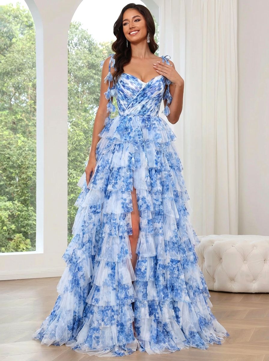 A-Line/Princess Floral Prom Dresses Sweetheart Spaghetti Straps Floor-length Tulle Dress With Floral Prints