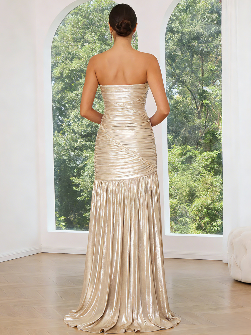 A-Line/Princess Prom Dresses Off The Shoulder Strapless Floor-length Sparkle Metallic Ruched Evening Dress with Side Split
