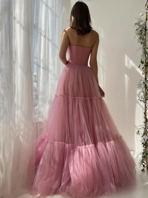 A-Line/Princess Prom Dresses Off-the-Shoulder Long Tulle Fomal Wedding Party Dresses with Ruffles