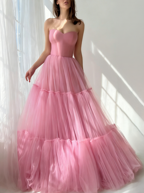 A-Line/Princess Prom Dresses Off-the-Shoulder Long Tulle Fomal Wedding Party Dresses with Ruffles