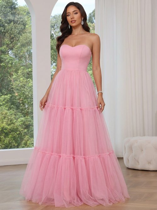 A-Line/Princess Prom Dresses Off-the-Shoulder Long Tulle Fomal Wedding Party Dresses with Ruffles