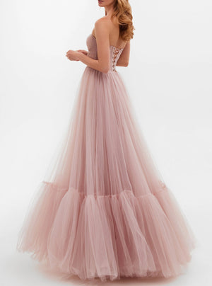 A-Line/Princess Tulle Prom Dress Sleeveless Convertible Formal Gowns Long Dresses With Corset Ruched