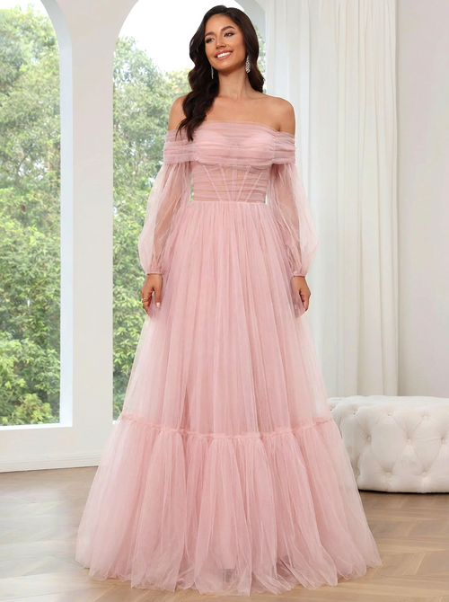 A-Line/Princess Tulle Prom Dress Sleeveless Convertible Formal Gowns Long Dresses With Corset Ruched