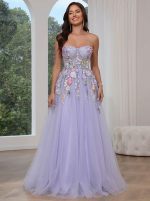 A-Line/Princess Floral Prom Dresses Sweetheart Long Sleeves Floor-length Tulle Dress With Floral Appliques