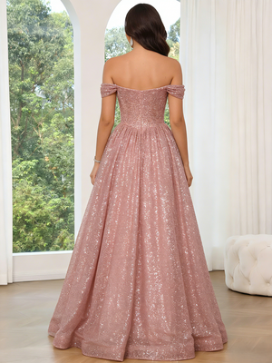 A-Line/Princess Prom Dress Wedding Party Basque Waist Floor Length Off The Shoulder Sparkle Formal Dresses With Glitter