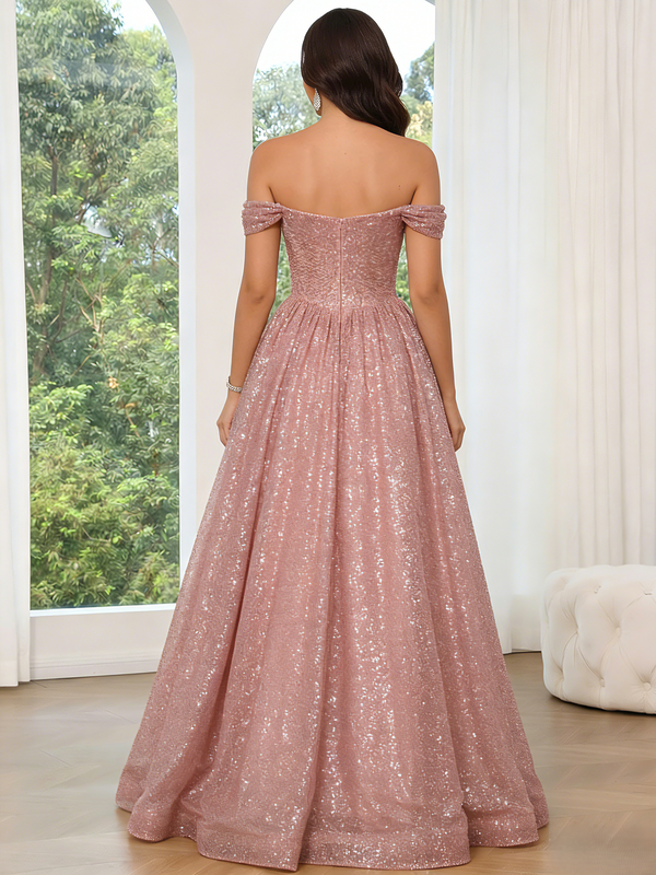 A-Line/Princess Prom Dress Wedding Party Basque Waist Floor Length Off The Shoulder Sparkle Formal Dresses With Glitter