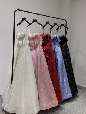A-Line/Princess Prom Dress Wedding Party Basque Waist Floor Length Off The Shoulder Sparkle Formal Dresses With Glitter