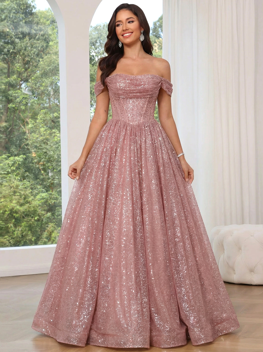 A-Line/Princess Prom Dress Wedding Party Basque Waist Floor Length Off The Shoulder Sparkle Formal Dresses With Glitter