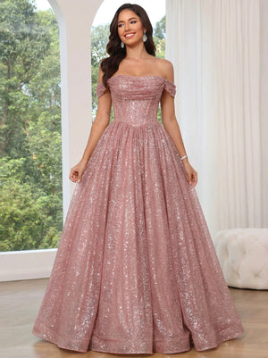 A-Line/Princess Prom Dress Wedding Party Basque Waist Floor Length Off The Shoulder Sparkle Formal Dresses With Glitter