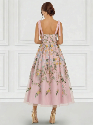 A-Line/Princess Elegant Cocktail Dress Spaghetti Straps Ankle-Length Floral Embroiery Dress Formal Wedding Guest