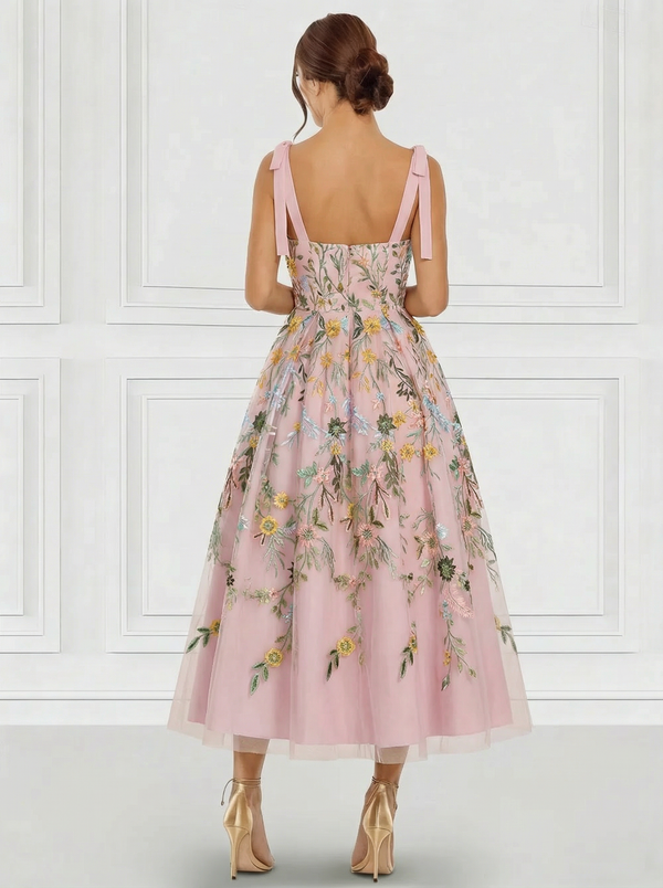 A-Line/Princess Elegant Cocktail Dress Spaghetti Straps Ankle-Length Floral Embroiery Dress Formal Wedding Guest