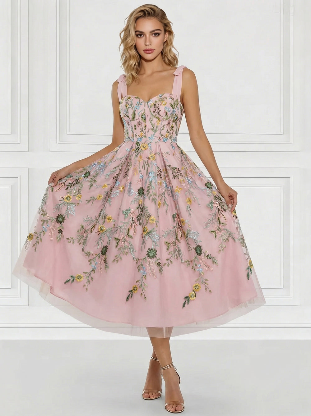 A-Line/Princess Elegant Cocktail Dress Spaghetti Straps Ankle-Length Floral Embroiery Dress Formal Wedding Guest