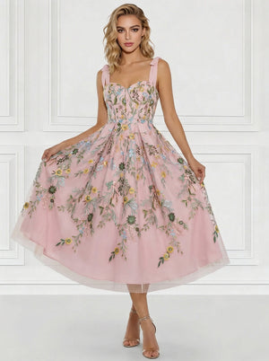 A-Line/Princess Elegant Cocktail Dress Spaghetti Straps Ankle-Length Floral Embroiery Dress Formal Wedding Guest