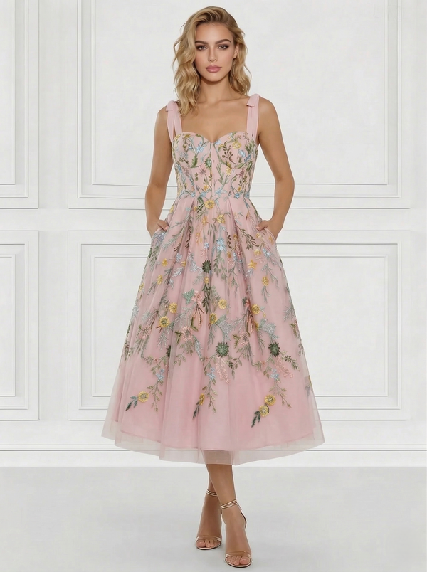 A-Line/Princess Elegant Cocktail Dress Spaghetti Straps Ankle-Length Floral Embroiery Dress Formal Wedding Guest