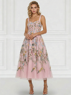 A-Line/Princess Elegant Cocktail Dress Spaghetti Straps Ankle-Length Floral Embroiery Dress Formal Wedding Guest