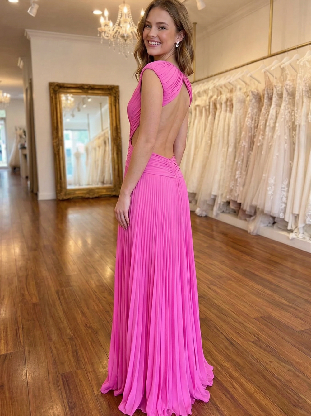 A Line/Princesses Prom Dresses Pleated Chiffon Round Neck Floor-Length Formal Dress With Open Back