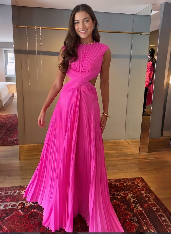 A Line/Princesses Prom Dresses Pleated Chiffon Round Neck Floor-Length Formal Dress With Open Back