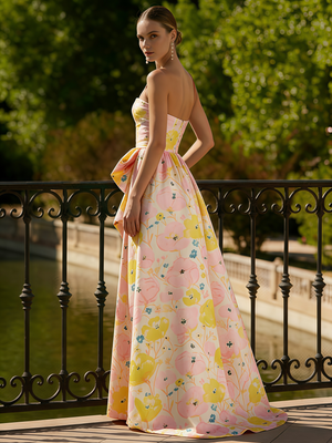 A-Line/Princess Prom Dresses Pink Floral Strapless Bow High Slit Strapless Floor-Length With Side Split