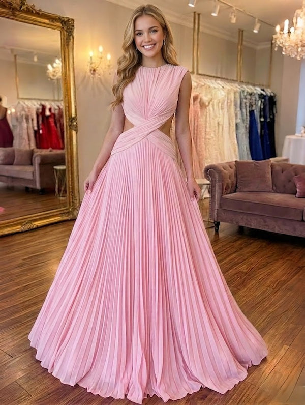 A Line/Princesses Prom Dresses Pleated Chiffon Round Neck Floor-Length Formal Dress With Open Back