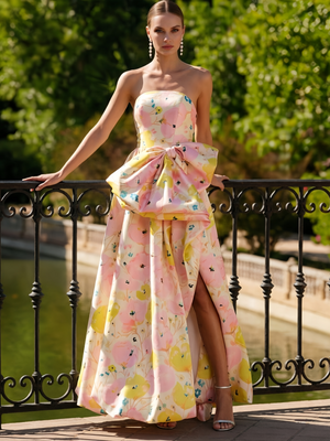 A-Line/Princess Prom Dresses Pink Floral Strapless Bow High Slit Strapless Floor-Length With Side Split