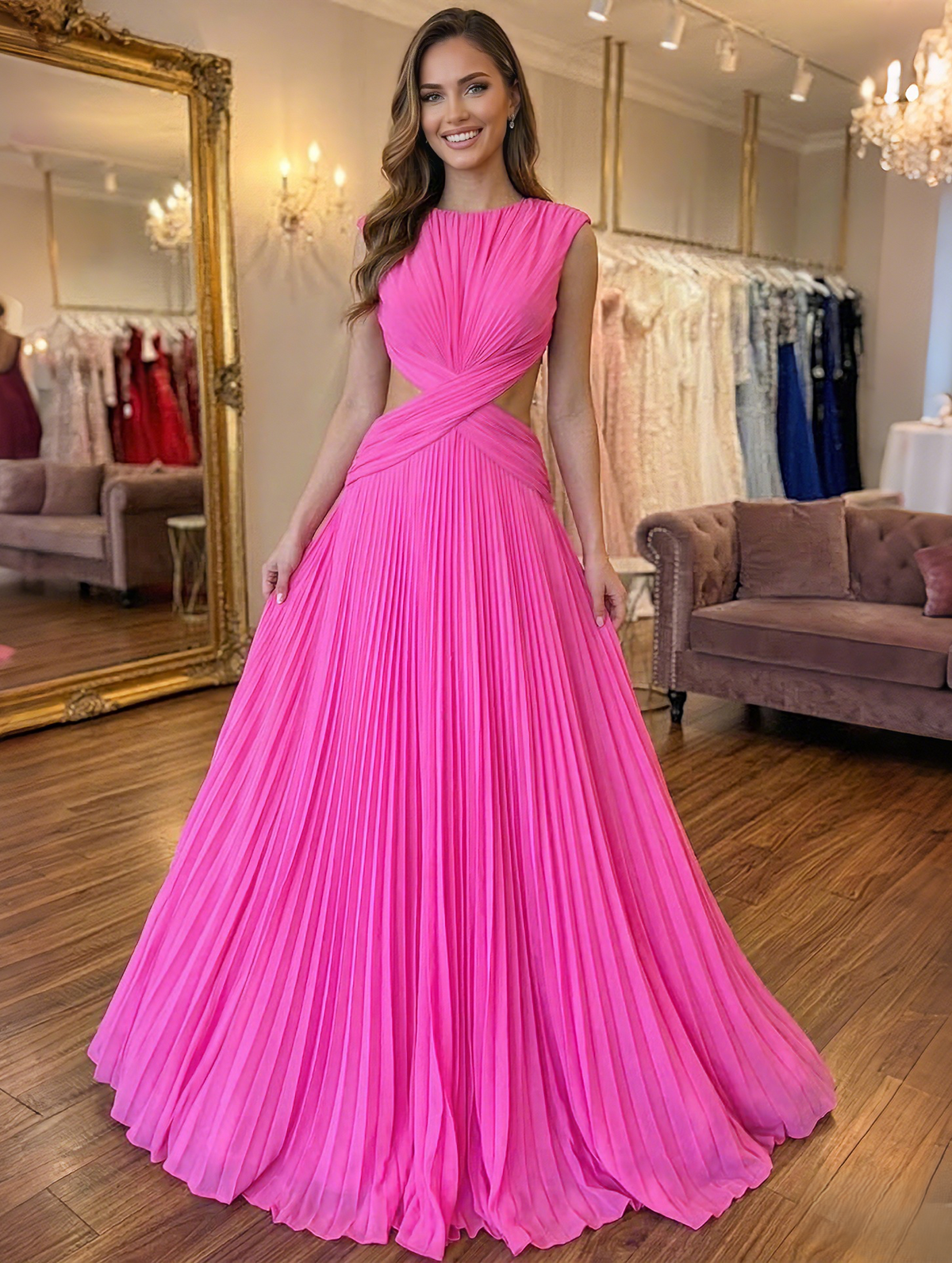 Nafori Fuchsia A Line/Princesses Prom Dresses Pleated Chiffon Round Neck Floor-Length Formal Dress With Open Back 2026