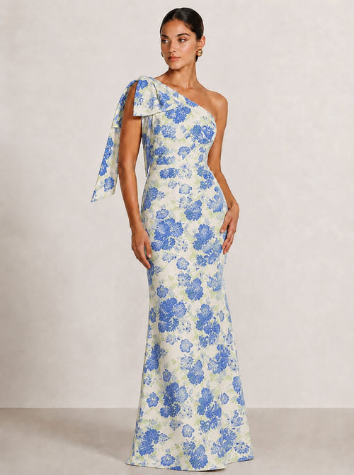 Sheath Evening Elegant Dress Formal Dresses Printed Satin One-Shoulder Floor Length Sleeveless Wedding Guest