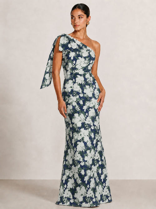 Sheath Evening Elegant Dress Formal Dresses Printed Satin One-Shoulder Floor Length Sleeveless Wedding Guest