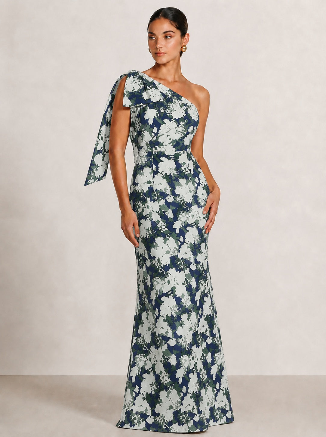 Sheath Evening Elegant Dress Formal Dresses Printed Satin One-Shoulder Floor Length Sleeveless Wedding Guest