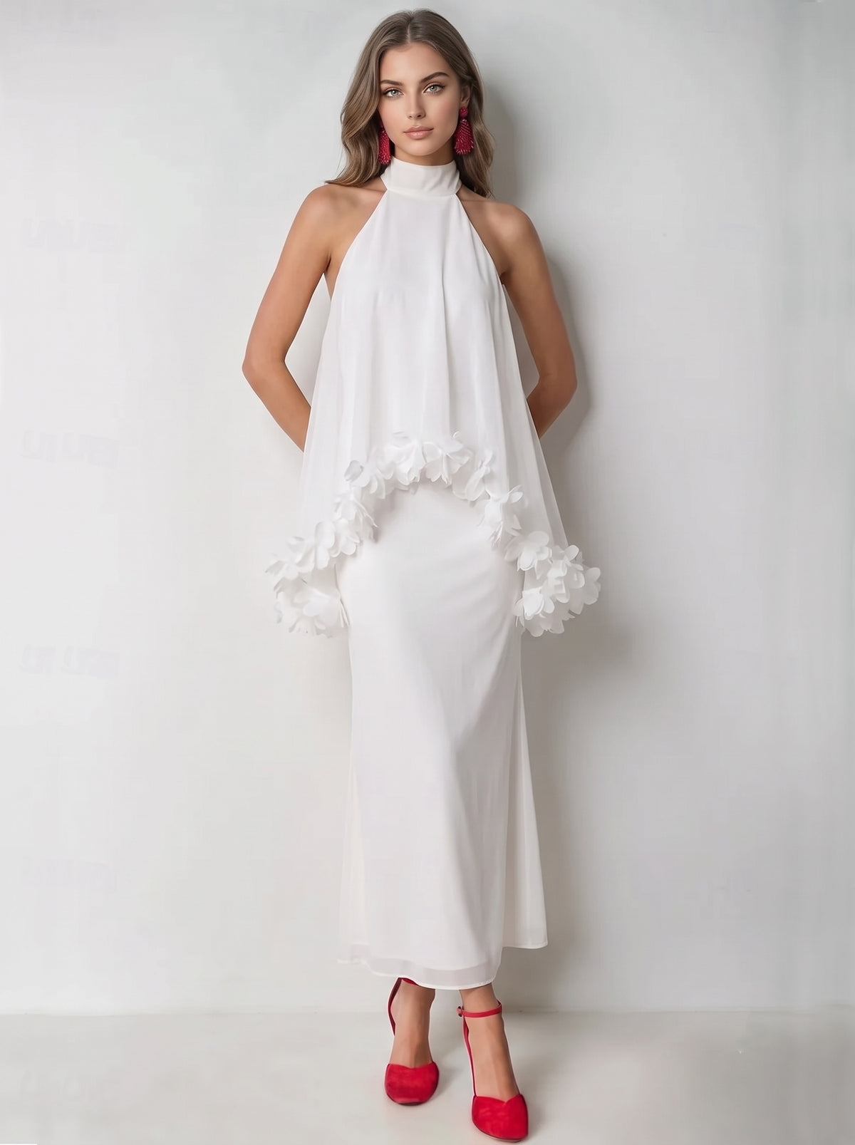 A-Line Cocktail Dresses Chiffon Halter Ankle-Length Sleeveless Cape With 3D Flowers