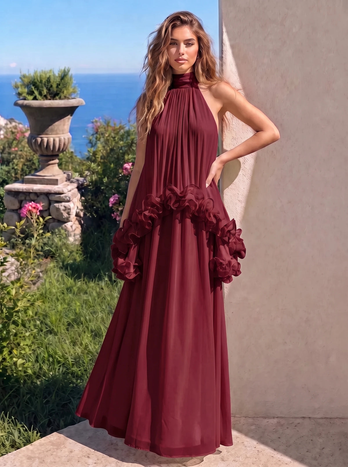 A-Line Formal Dresses Chiffon Halter Neck 3D Flower Floor-Length Sleeveless Tent Dress Wedding Guest