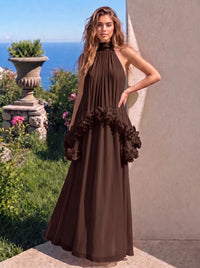 A-Line Formal Dresses Chiffon Halter Neck 3D Flower Floor-Length Sleeveless Tent Dress Wedding Guest