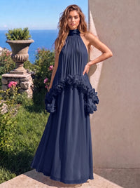 A-Line Formal Dresses Chiffon Halter Neck 3D Flower Floor-Length Sleeveless Tent Dress Wedding Guest