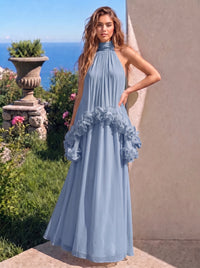 A-Line Formal Dresses Chiffon Halter Neck 3D Flower Floor-Length Sleeveless Tent Dress Wedding Guest