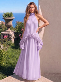 A-Line Formal Dresses Chiffon Halter Neck 3D Flower Floor-Length Sleeveless Tent Dress Wedding Guest