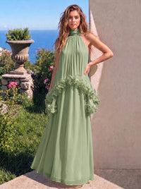 A-Line Formal Dresses Chiffon Halter Neck 3D Flower Floor-Length Sleeveless Tent Dress Wedding Guest
