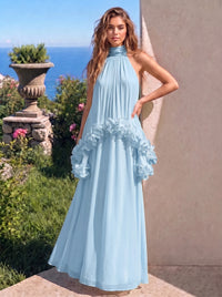 A-Line Formal Dresses Chiffon Halter Neck 3D Flower Floor-Length Sleeveless Tent Dress Wedding Guest