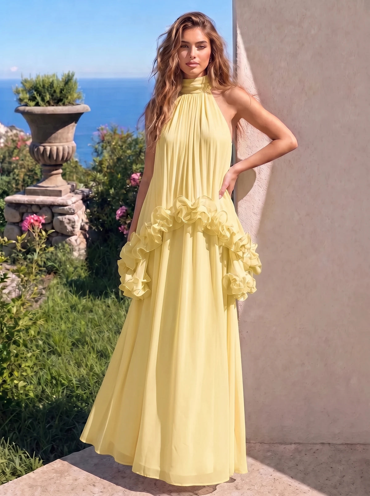 A-Line Formal Dresses Chiffon Halter Neck 3D Flower Floor-Length Sleeveless Tent Dress Wedding Guest
