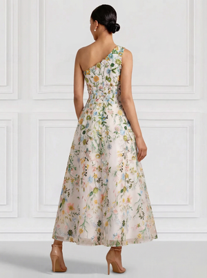 A-Line/Princess Elegant Cocktail Dress One Shoulder Tea-Length Floral Embroiery Dress Formal Wedding Guest