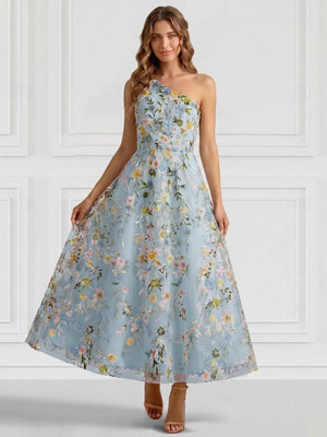 A-Line/Princess Elegant Cocktail Dress One Shoulder Tea-Length Floral Embroiery Dress Formal Wedding Guest
