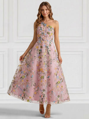 A-Line/Princess Elegant Cocktail Dress One Shoulder Tea-Length Floral Embroiery Dress Formal Wedding Guest
