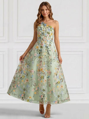 A-Line/Princess Elegant Cocktail Dress One Shoulder Tea-Length Floral Embroiery Dress Formal Wedding Guest