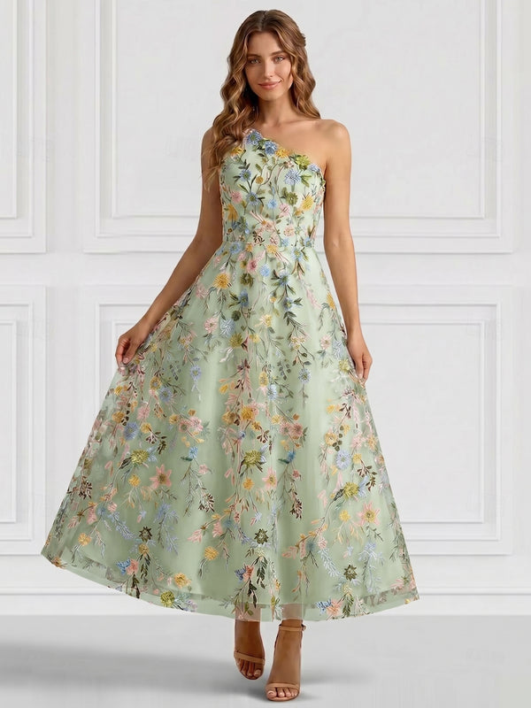 A-Line/Princess Elegant Cocktail Dress One Shoulder Tea-Length Floral Embroiery Dress Formal Wedding Guest