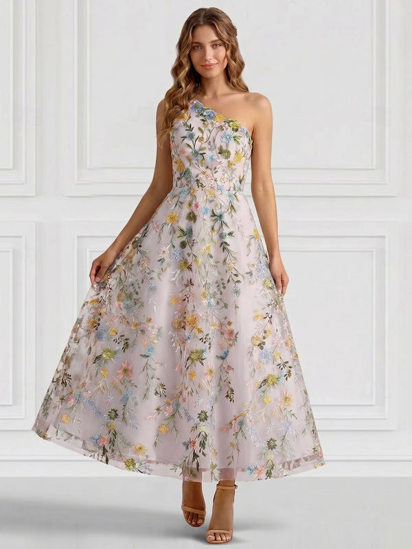 A-Line/Princess Elegant Cocktail Dress One Shoulder Tea-Length Floral Embroiery Dress Formal Wedding Guest