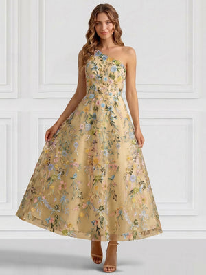 A-Line/Princess Elegant Cocktail Dress One Shoulder Tea-Length Floral Embroiery Dress Formal Wedding Guest