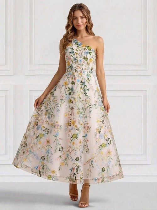 A-Line/Princess Elegant Cocktail Dress One Shoulder Tea-Length Floral Embroiery Dress Formal Wedding Guest