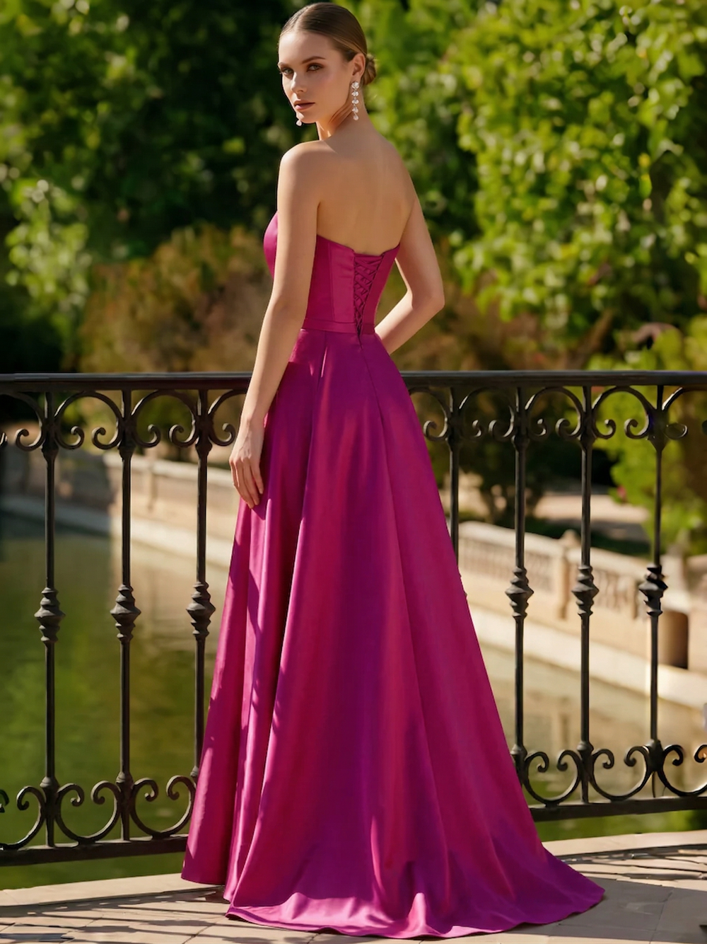 A-Line Long Evening Dresses Corset Sweetheart Sleeveless  Floor-length Satin  Dresses With High Slit