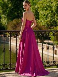 A-Line Long Evening Dresses Corset Sweetheart Sleeveless  Floor-length Satin  Dresses With High Slit