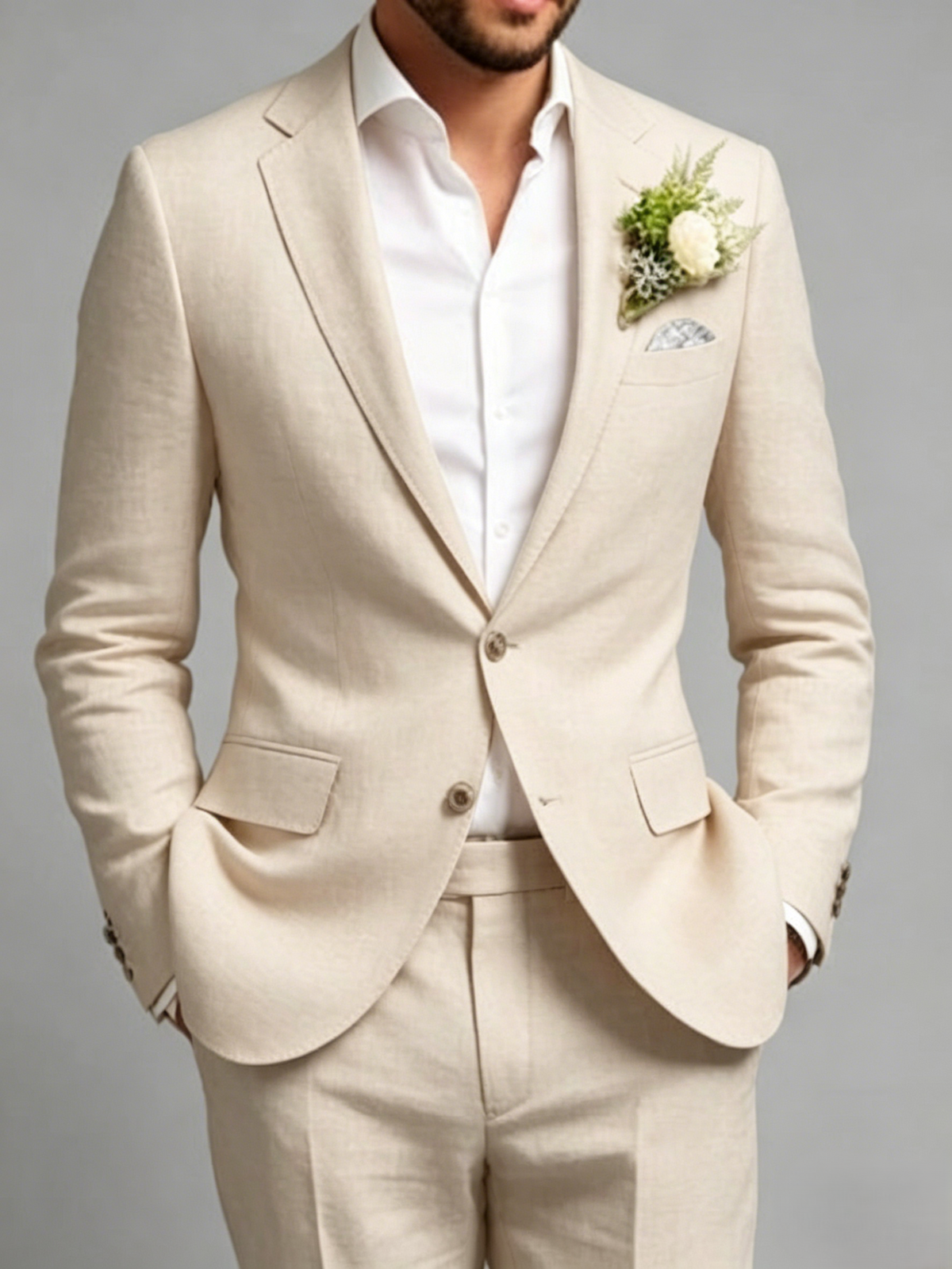 Men's Tailored Fit Green Linen Suit  Single Breasted One-Button 2 Pieces Wedding Groom Suit